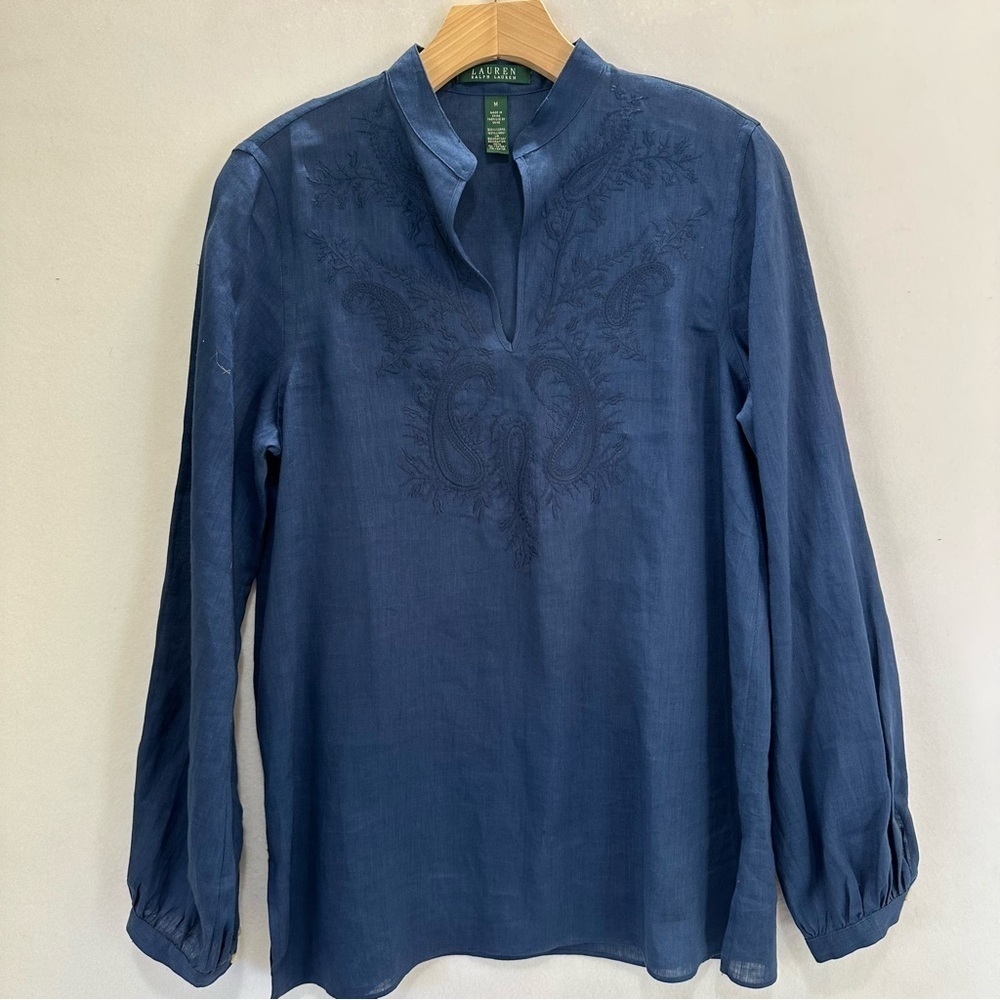 Lauren Ralph Lauren Blue Pull Over Linen Embroidered Tunic Top Size MED